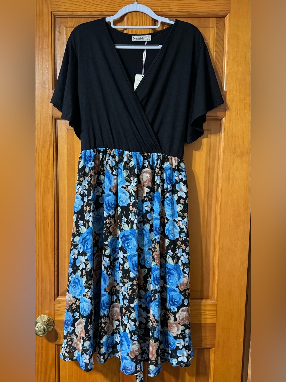 Nemidor Black Wrap-Style Midi Dress with Blue Floral Skirt